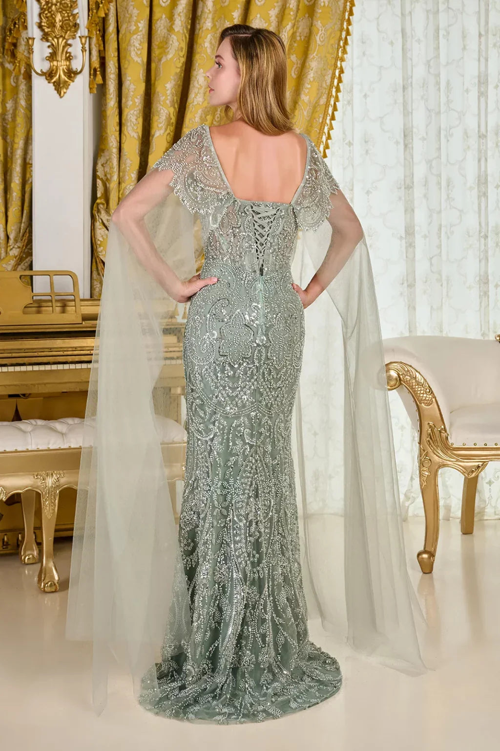 Embellished Cap Sleeves Over Cape Sleeves Fitted Corset Cover Dress (GL3704)