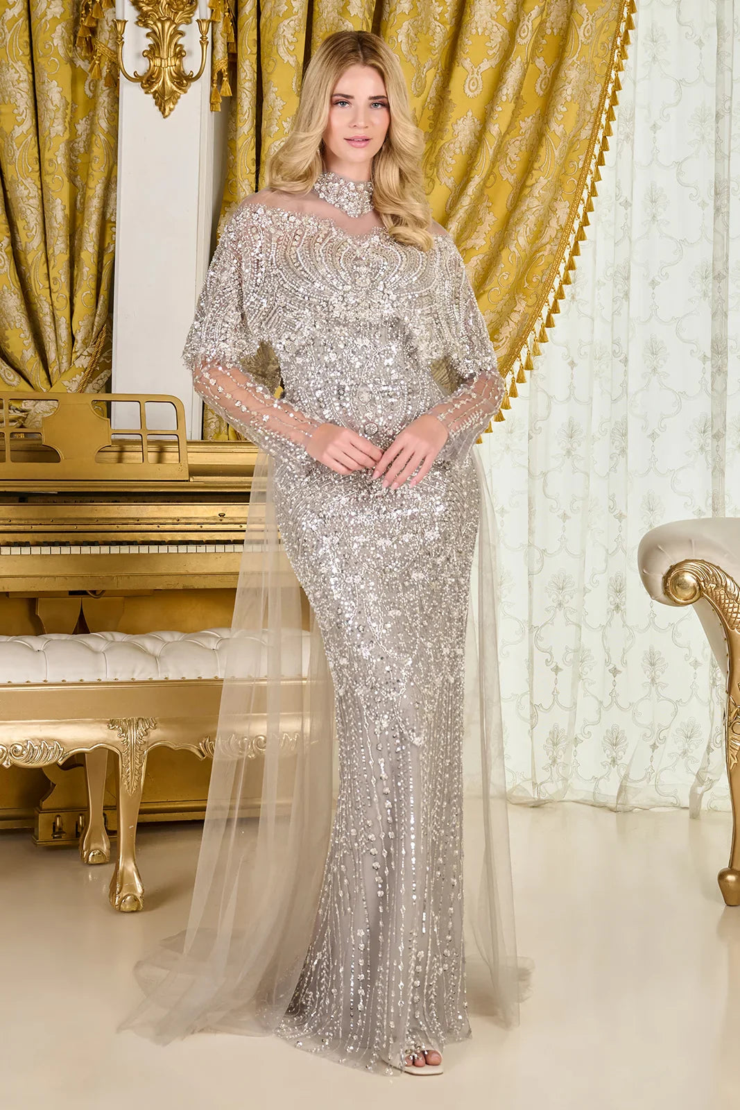 Detached Long Sleeves Embellished Fitted Dress With Matching Capelet And Detachable Overskirt-(gl3705)