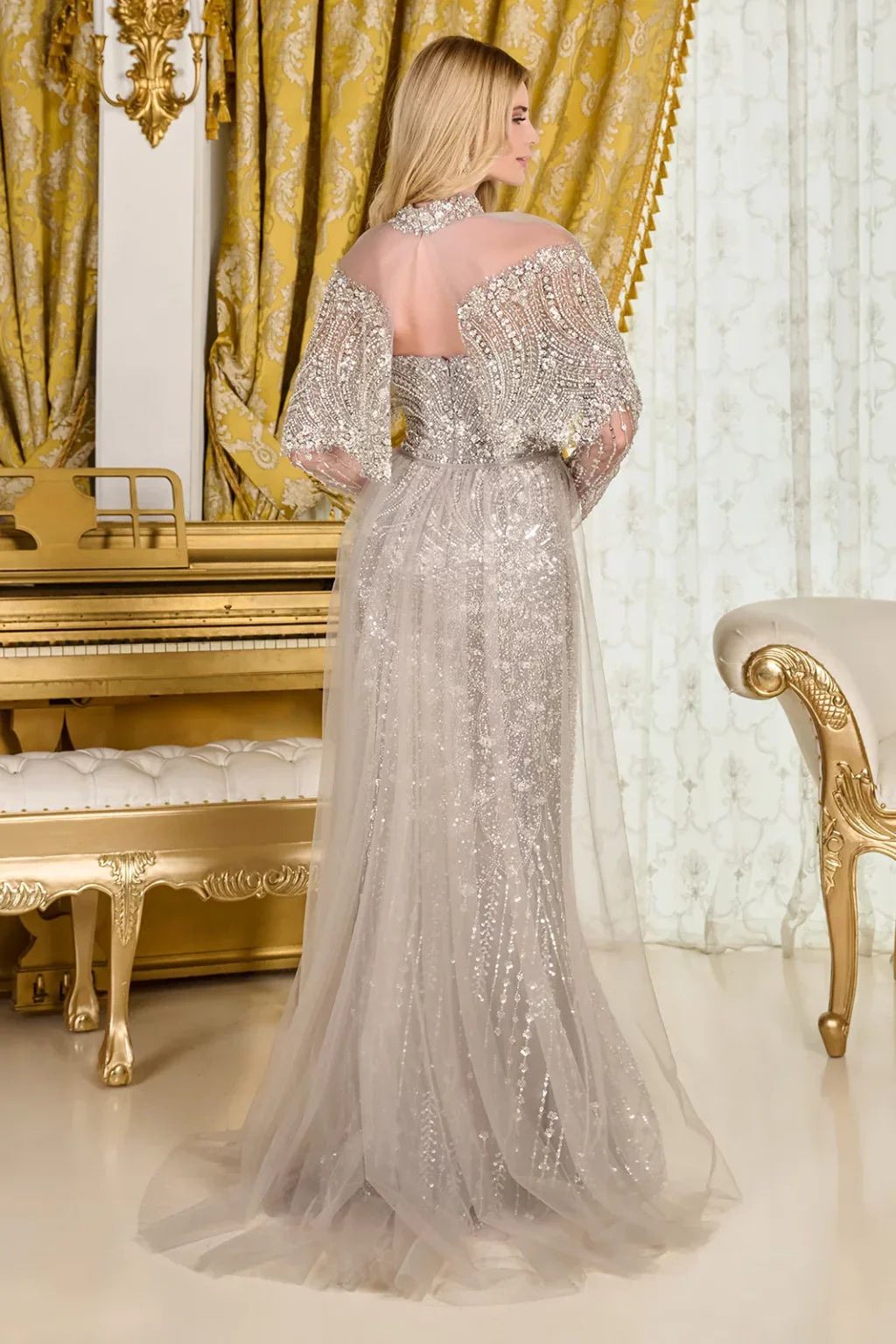 Detached Long Sleeves Embellished Fitted Dress With Matching Capelet And Detachable Overskirt-(gl3705)