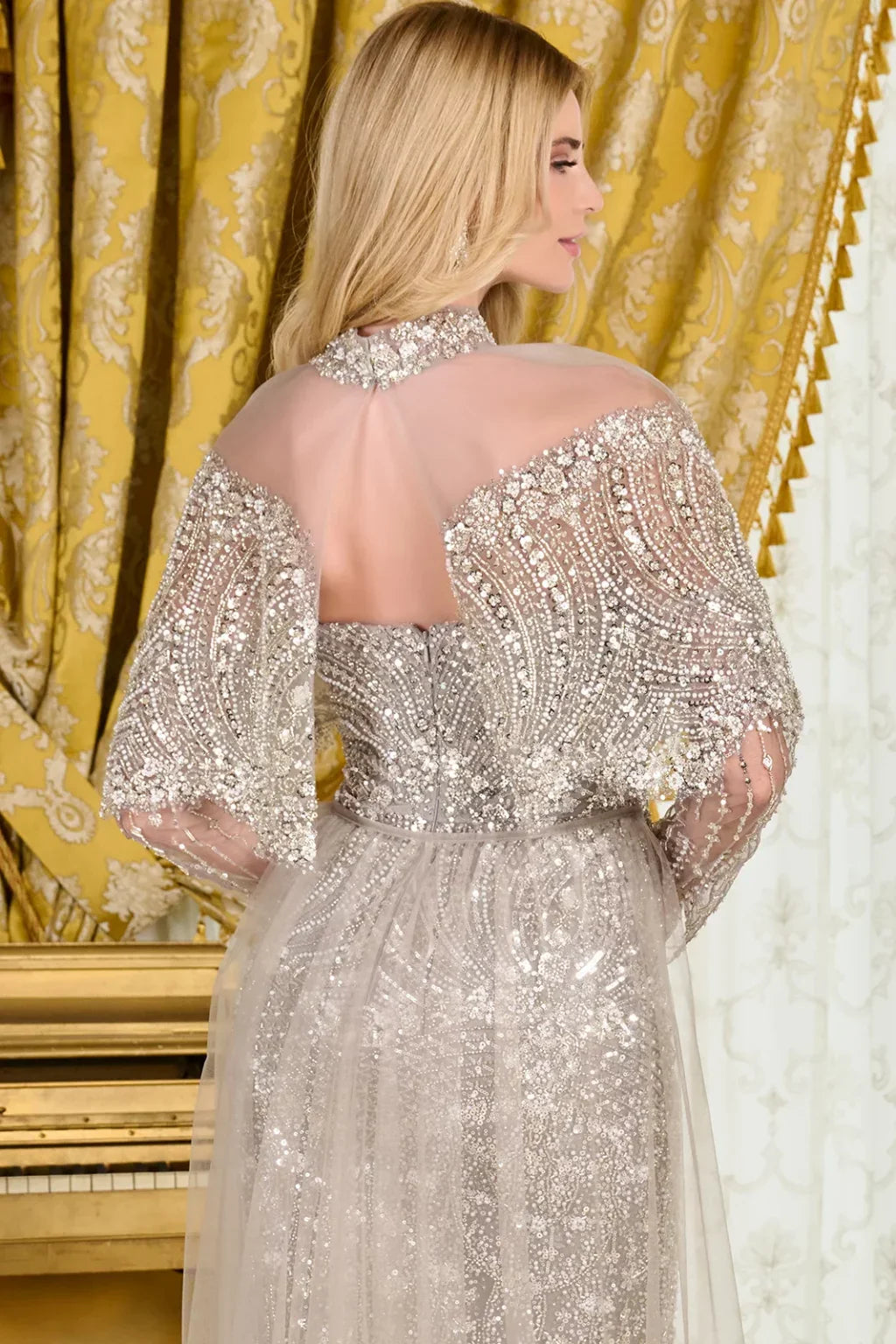 Detached Long Sleeves Embellished Fitted Dress With Matching Capelet And Detachable Overskirt-(gl3705)