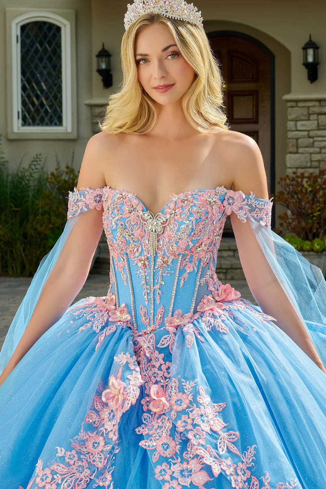 Off-Shoulder Straps 3D Butterfly Applique Ball Gown Train Wedding Dress With Layers (GL3708) Bahama Blue / L