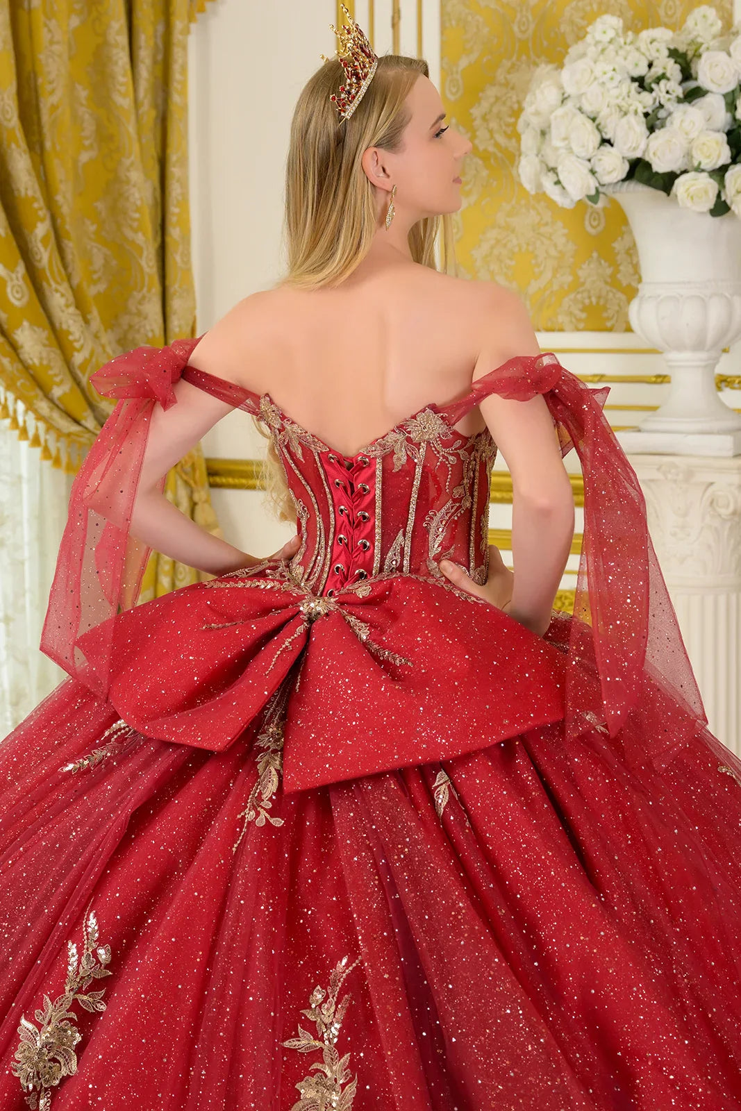 Tie Able Off-Shoulder Straps Boat-Neckline Pleat Detail Bodice Ball Gown Train With Detachable Back (GL3710)