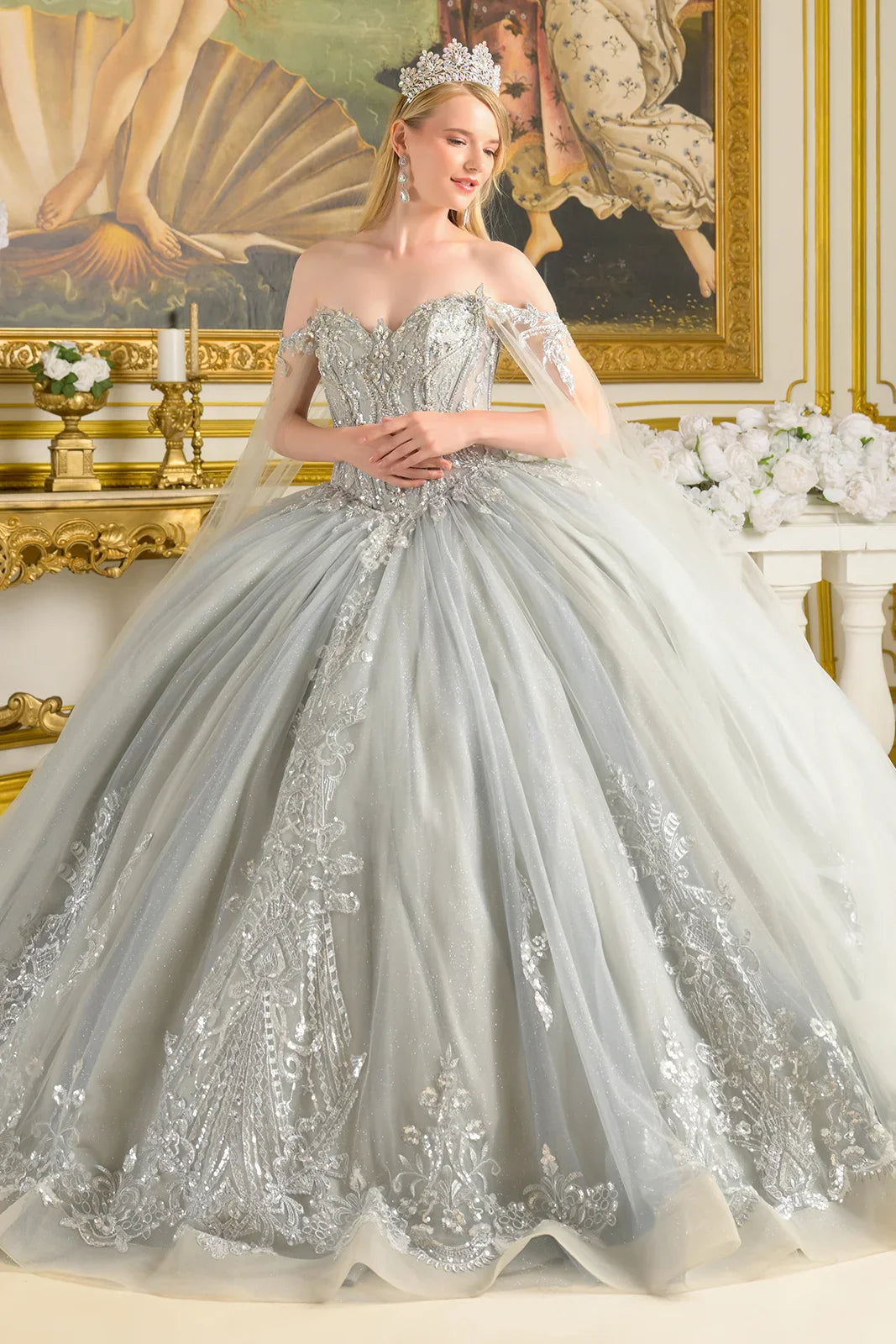 Detachable Off-Shoulder Cape Sleeves Sweetheart Neckline Corset Bodice Ball Gown Train With Detachable Bow (GL3711)