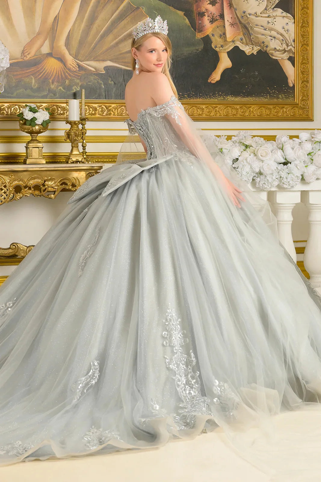Detachable Off-Shoulder Cape Sleeves Sweetheart Neckline Corset Bodice Ball Gown Train With Detachable Bow (GL3711)