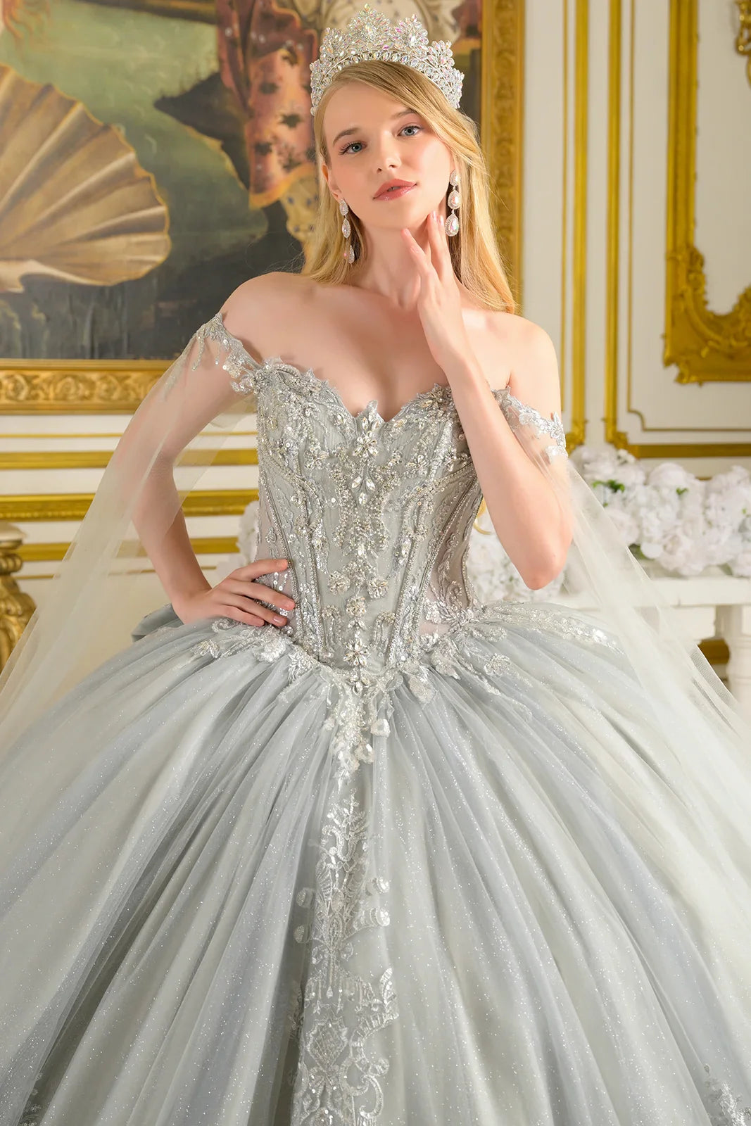 Detachable Off-Shoulder Cape Sleeves Sweetheart Neckline Corset Bodice Ball Gown Train With Detachable Bow (GL3711)