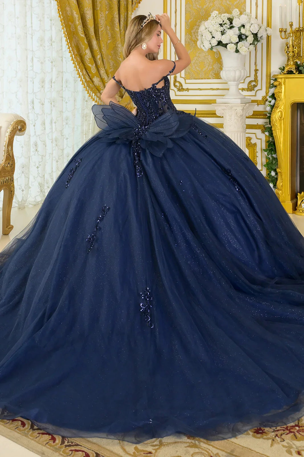 Embellished Thin Straps V-Neck Glitter Underlayer Train Ball Gown With Detachable Butterfly Bow (GL3712)