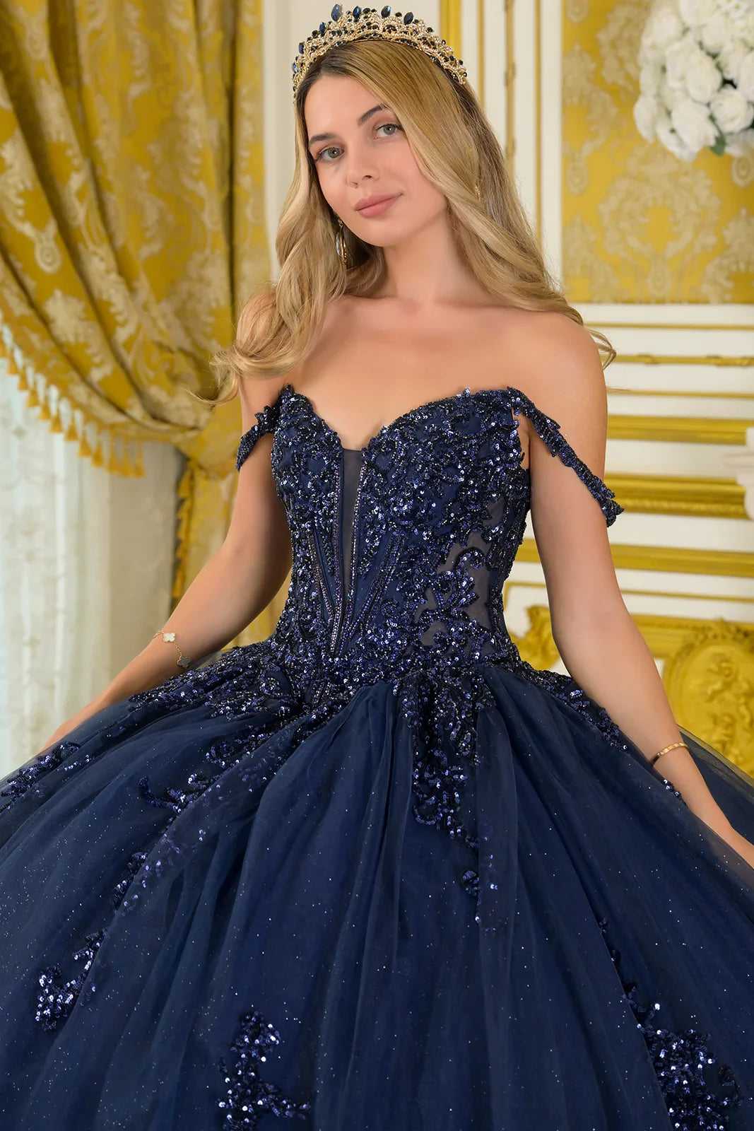 Embellished Thin Straps V-Neck Glitter Underlayer Train Ball Gown With Detachable Butterfly Bow (GL3712)