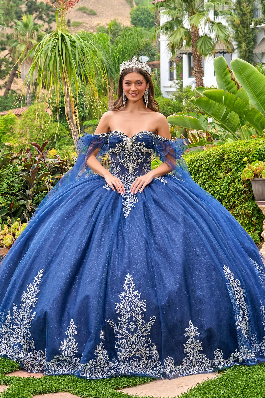 glitter quinceanera dresses Regal Quinceañera Ball Gown with Embroidered Corset Bodice (GL3752) Navy / 3XL Color:HONOR Chapel Train Neckline SN:DI11657AV Blue's Clues Steve's Letter