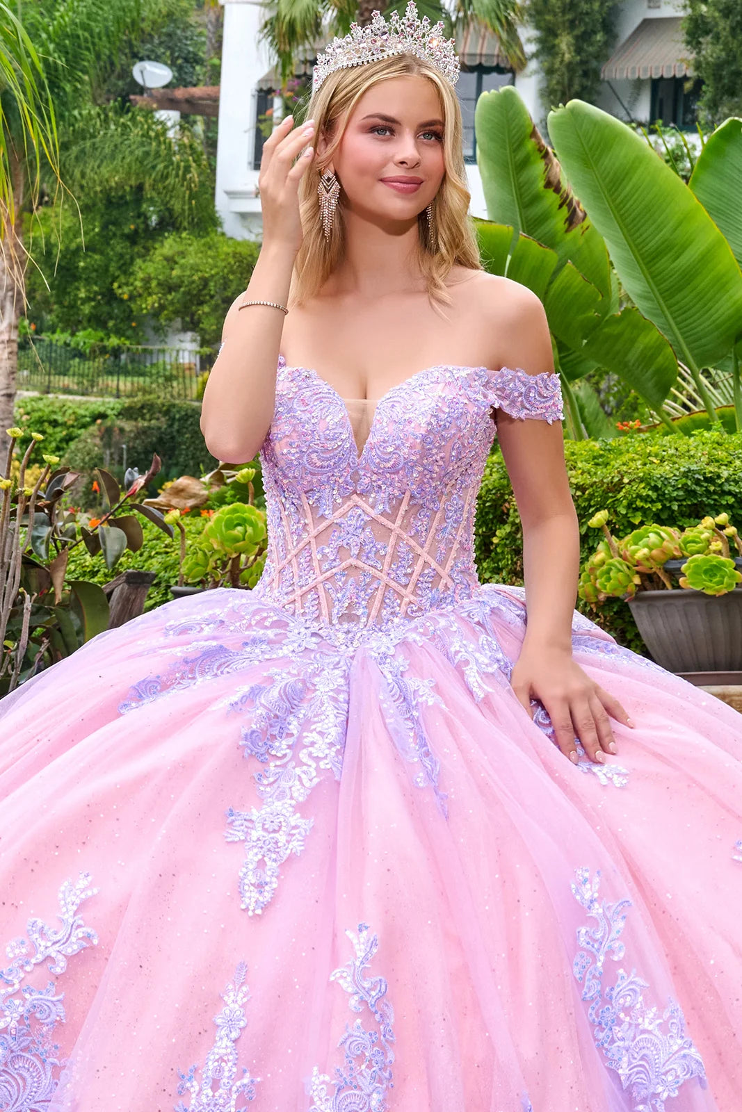 Enchanting Off-the-Shoulder Glitter Quinceañera Ball Gown with Lace Appliqué (GL3753)