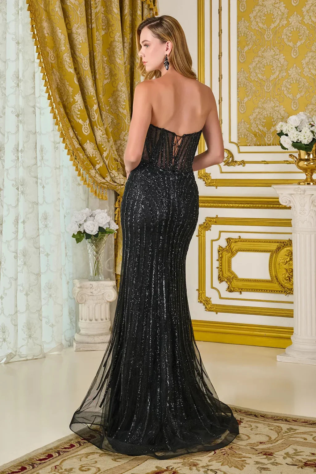 Strapless Bejeweled V-Neck Fabric Detail Corset Bodice Fitted Dress (GL3781)