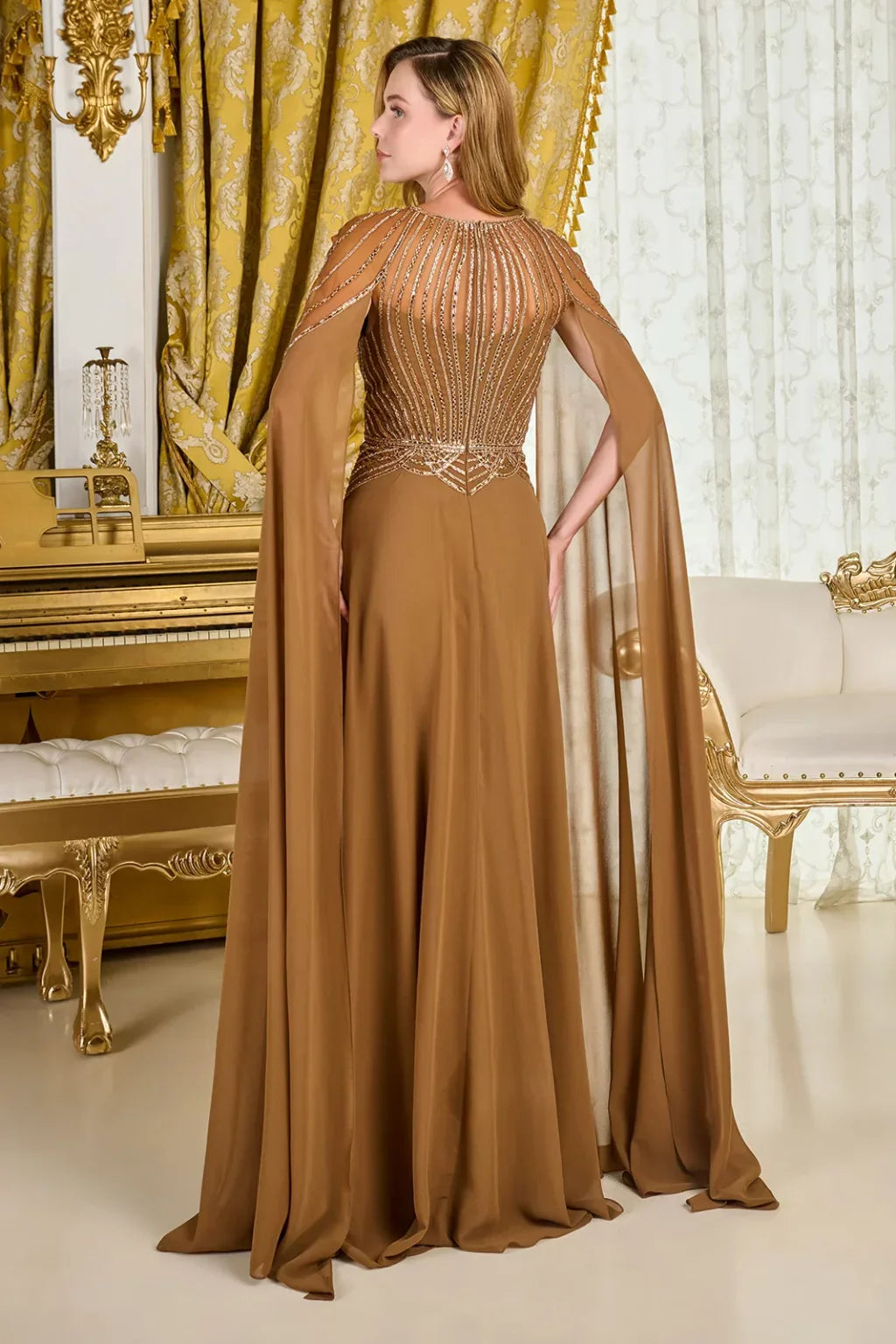 Bejeweled Scoop Neckline Cape Sleeves Mesh Bodice Chiffon Skirt A-Line Dress (GL3785)