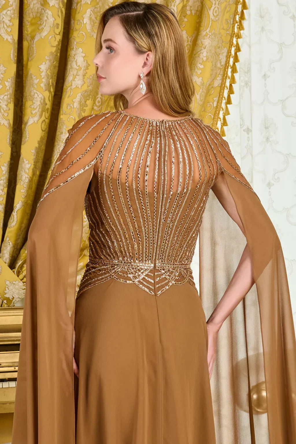 Bejeweled Scoop Neckline Cape Sleeves Mesh Bodice Chiffon Skirt A-Line Dress (GL3785)
