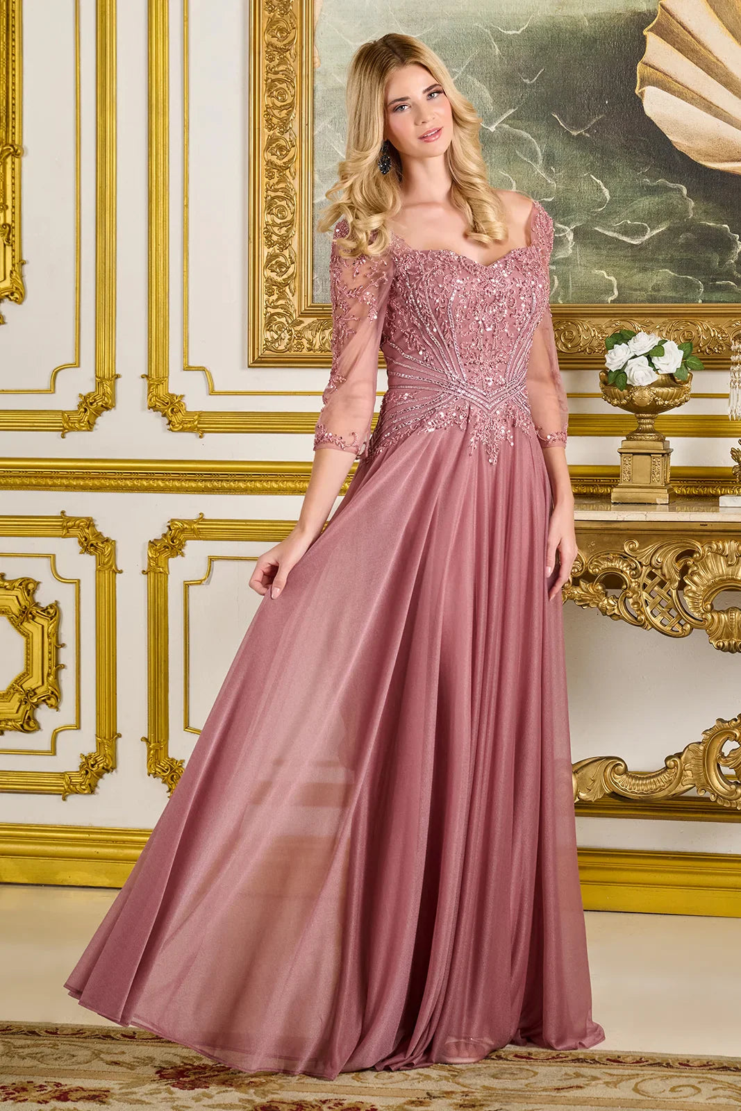 Sweetheart Neckline 3/4 Sleeves Mesh Zipper Bodice Metallic Jersey Skirt A-line Dress (GL3787)