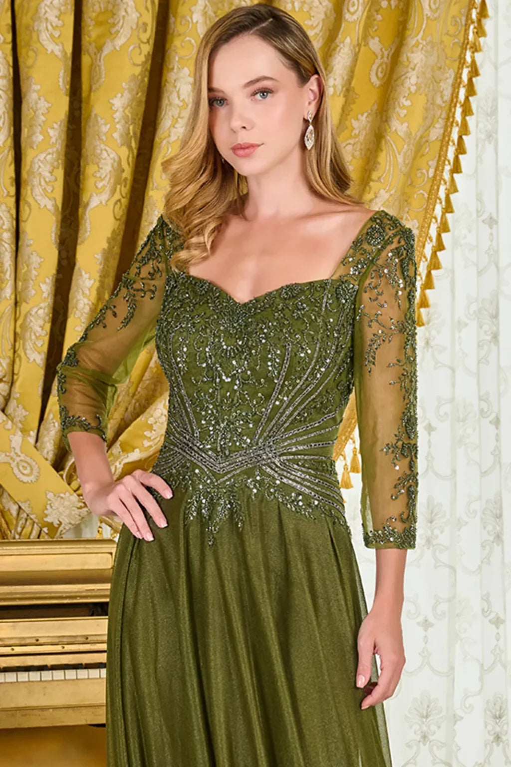 Sweetheart Neckline 3/4 Sleeves Mesh Zipper Bodice Metallic Jersey Skirt A-line Dress (GL3787)