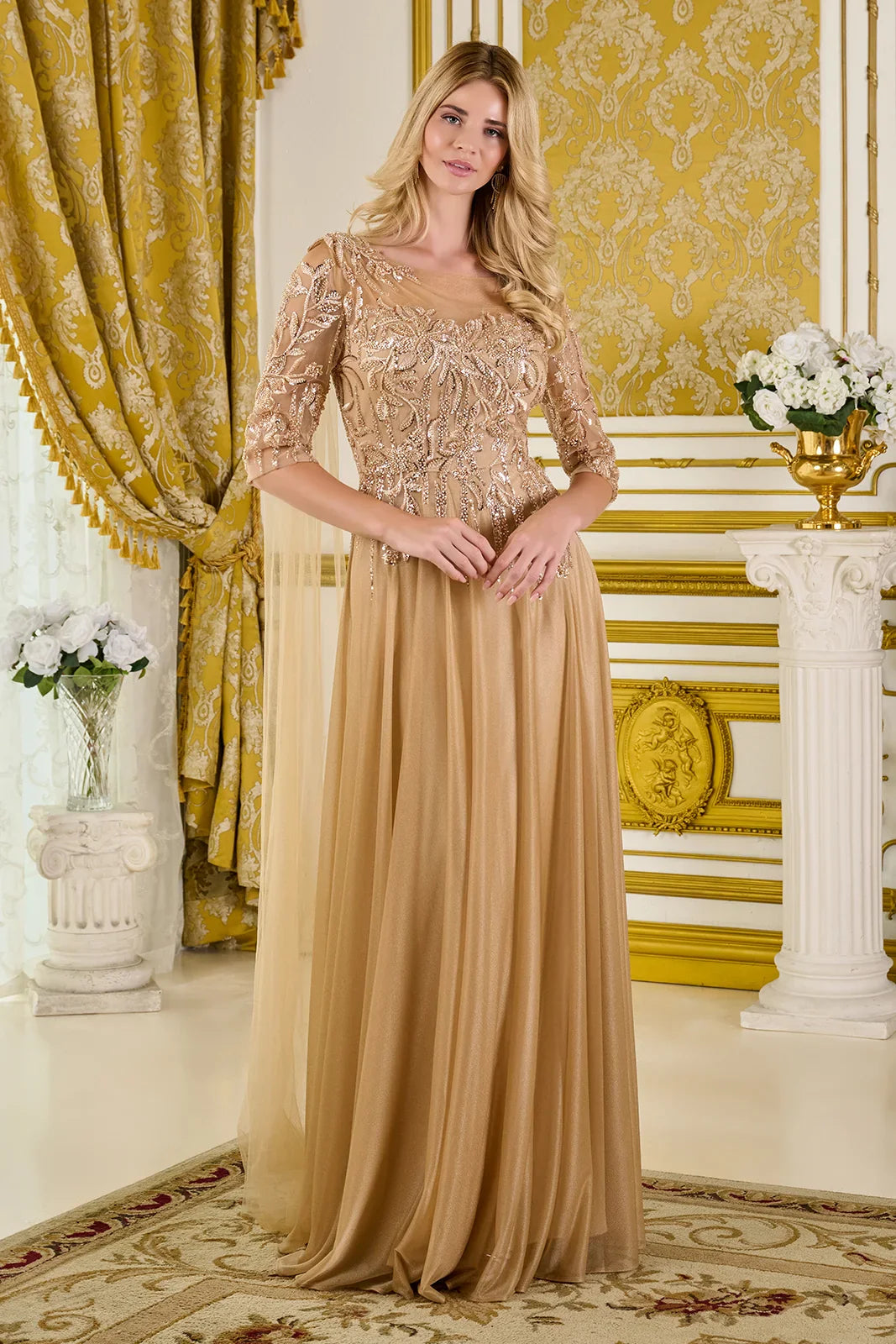 Sleeve Boat-Neckline Mesh Bodice Metallic Jersey Skirt Dress With One Shoulder Watteau Train (GL3788)