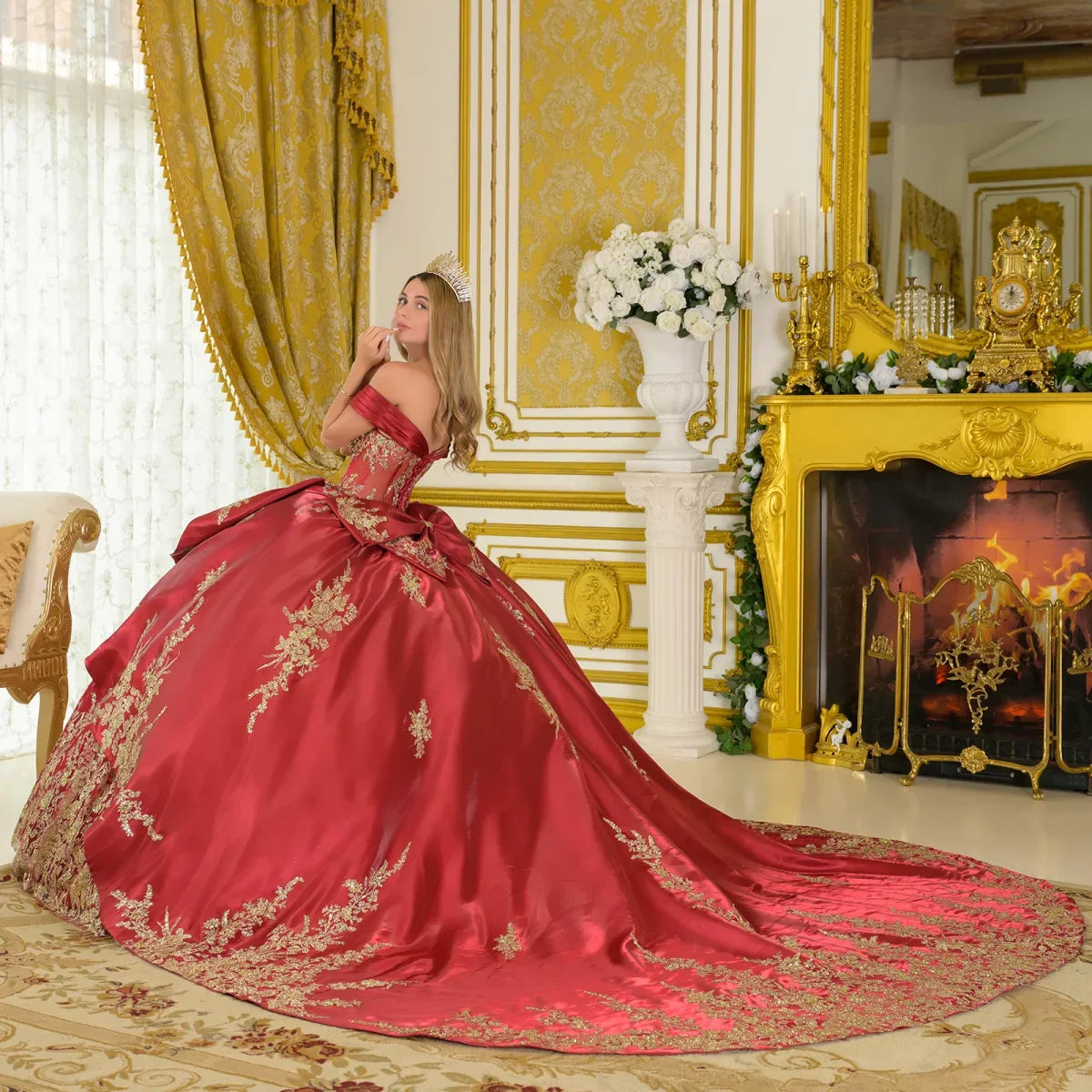 Satin Pleated Off-Shoulder Straps Detachable Satin Overskirt Train Gown With Detachable Back Bow (GL3791)