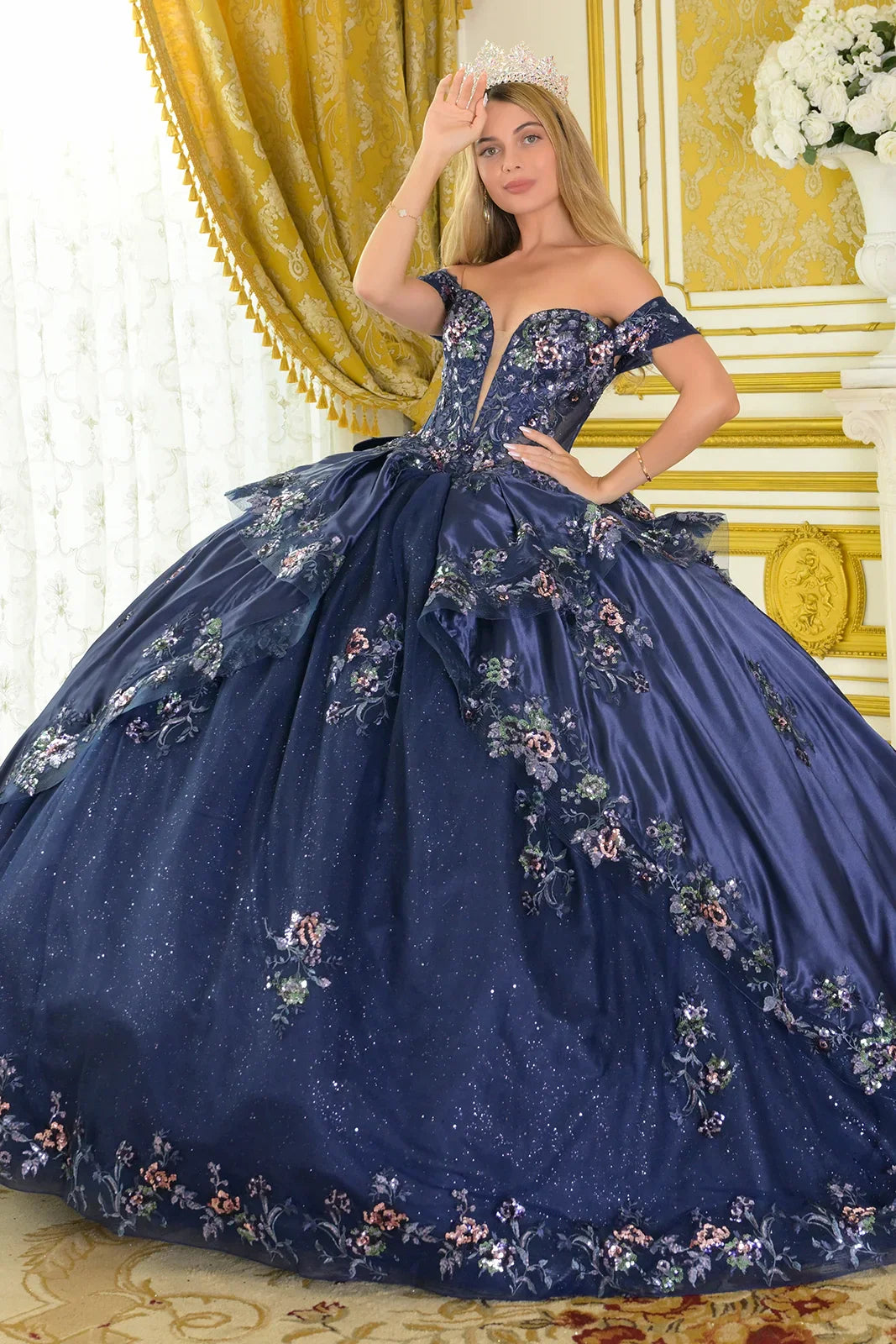 Off-Shoulder Deep V-Neck Corset Bodice Train Ball Gown With Satin Overskirt Detachable Bow (GL3793)