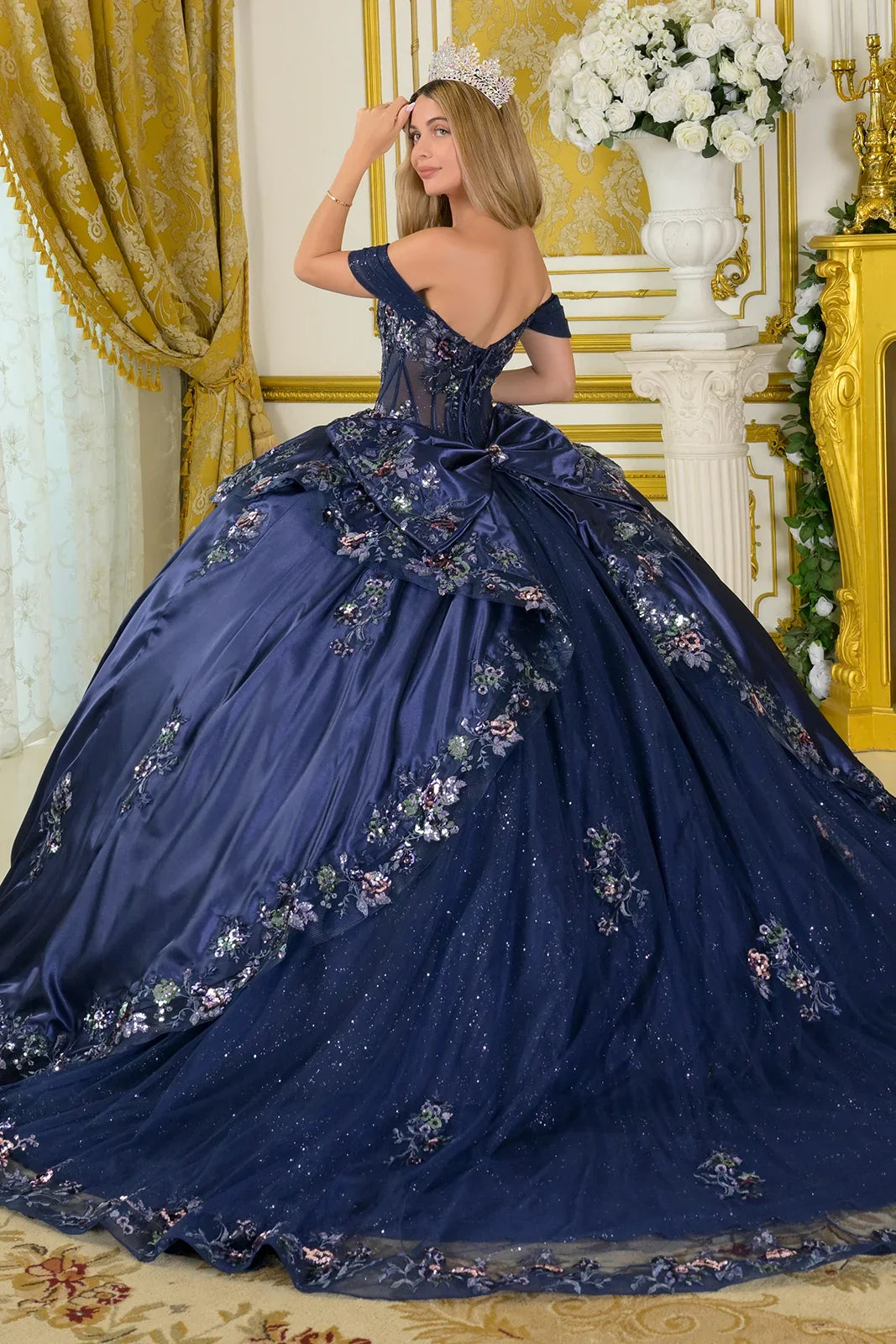 Off-Shoulder Deep V-Neck Corset Bodice Train Ball Gown With Satin Overskirt Detachable Bow (GL3793)