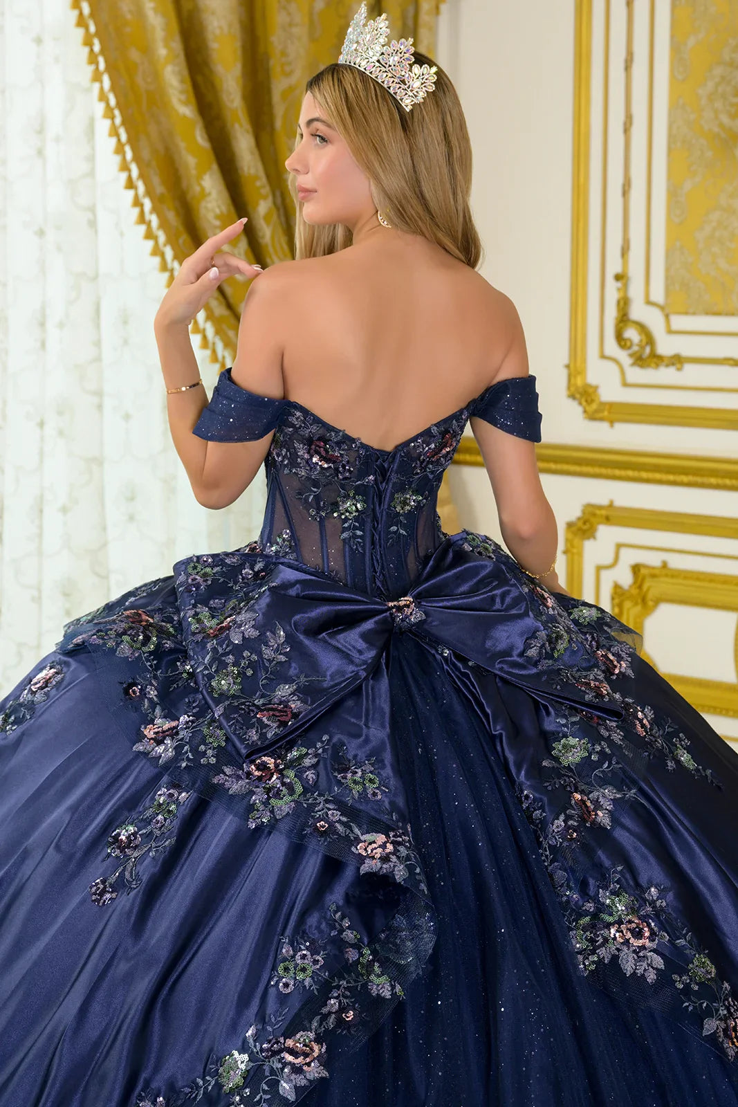Off-Shoulder Deep V-Neck Corset Bodice Train Ball Gown With Satin Overskirt Detachable Bow (GL3793)