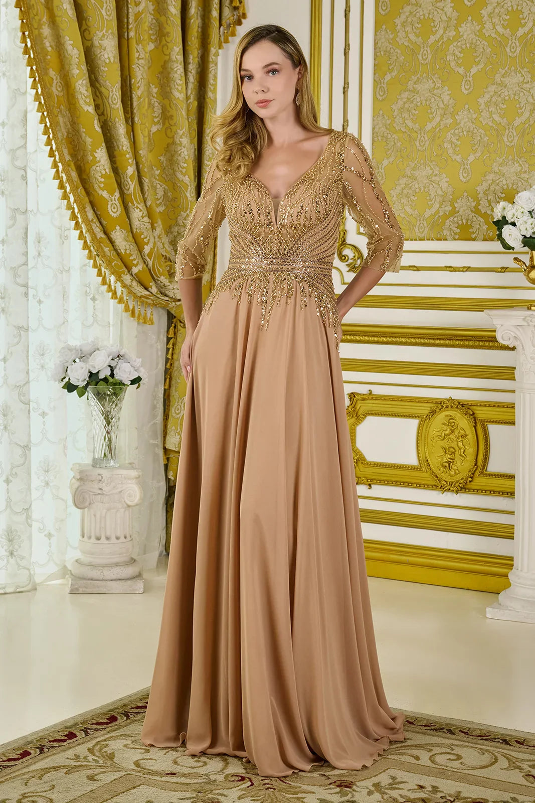 3/4 Sleeve Embellished V-Neckline Mesh Bodice Chiffon Skirt A-Line Dress With Back Keyhole (GL3796)