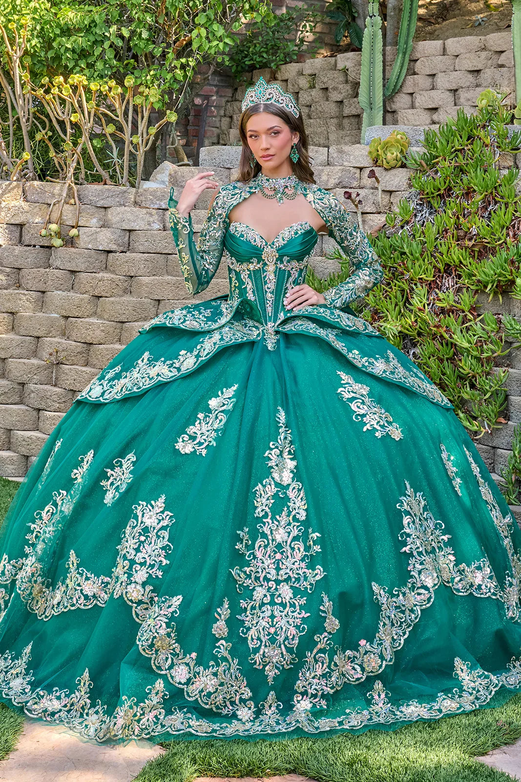 Strapless Pleated Bust Layered Overskirt Train Gown With Detachable Bow And Matching Bolero (GL3800)