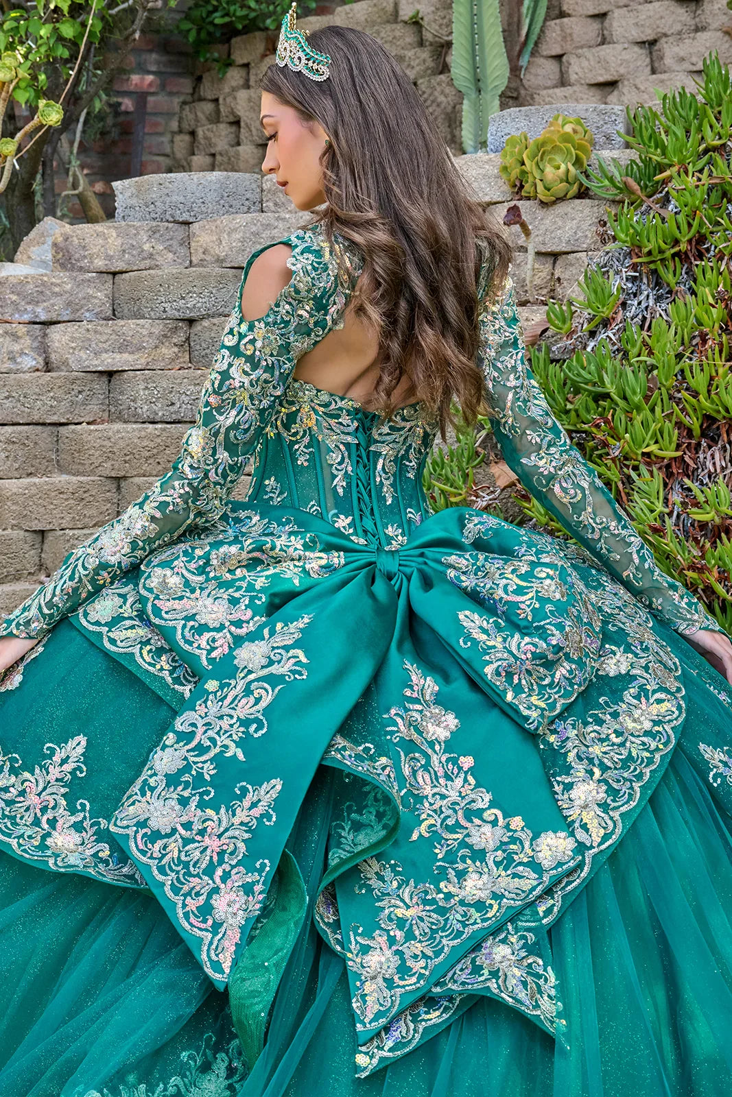 Strapless Pleated Bust Layered Overskirt Train Gown With Detachable Bow And Matching Bolero (GL3800)