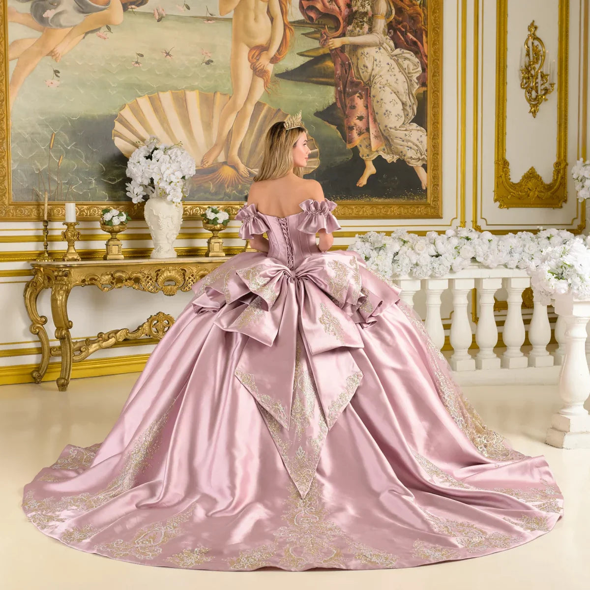 Off-Shoulder Ruffle Cuff Sleeves Corset Train Ball Gown With Satin Ruffle Overskirt Detachable Bow (GL3803)