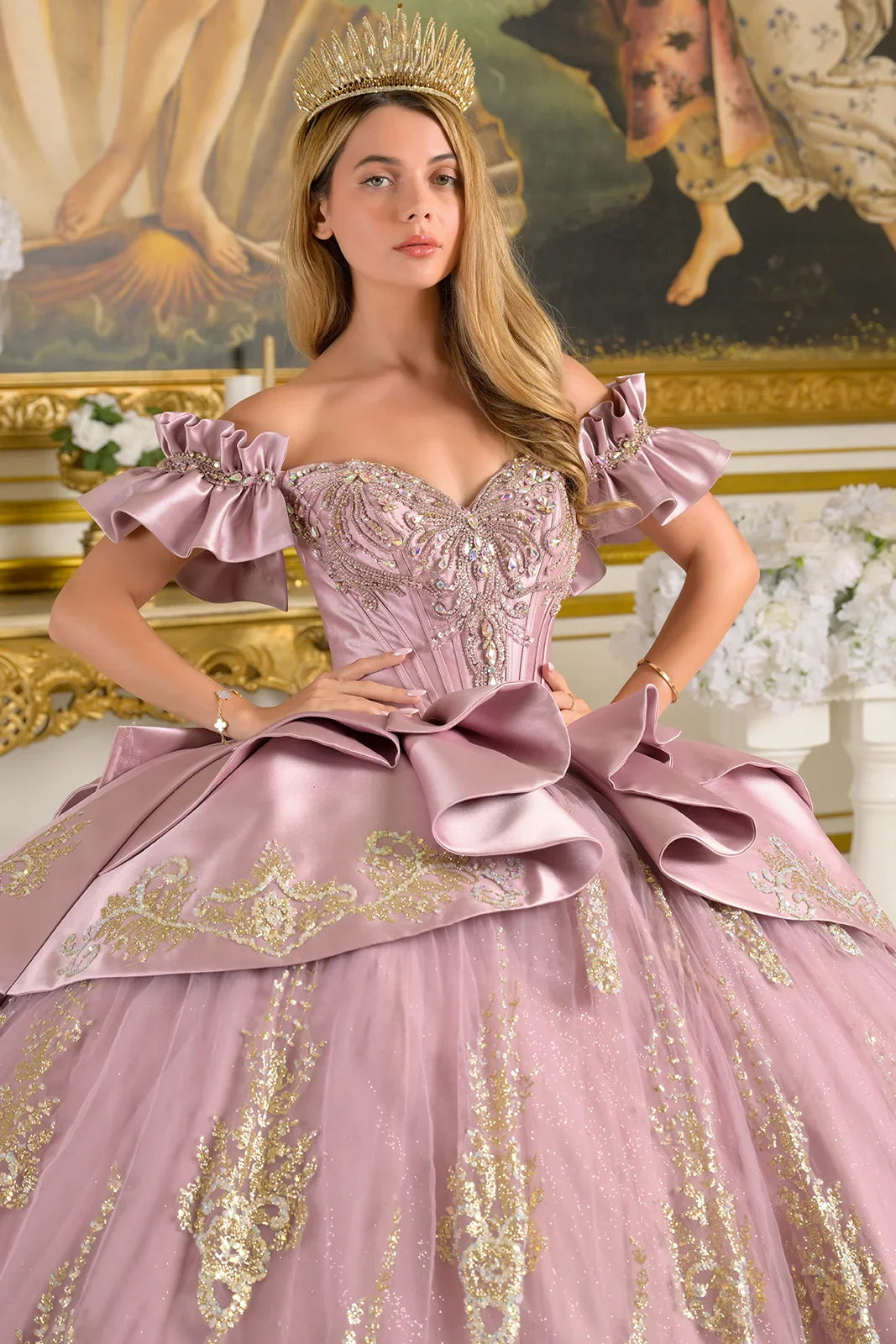 Off-Shoulder Ruffle Cuff Sleeves Corset Train Ball Gown With Satin Ruffle Overskirt Detachable Bow (GL3803)