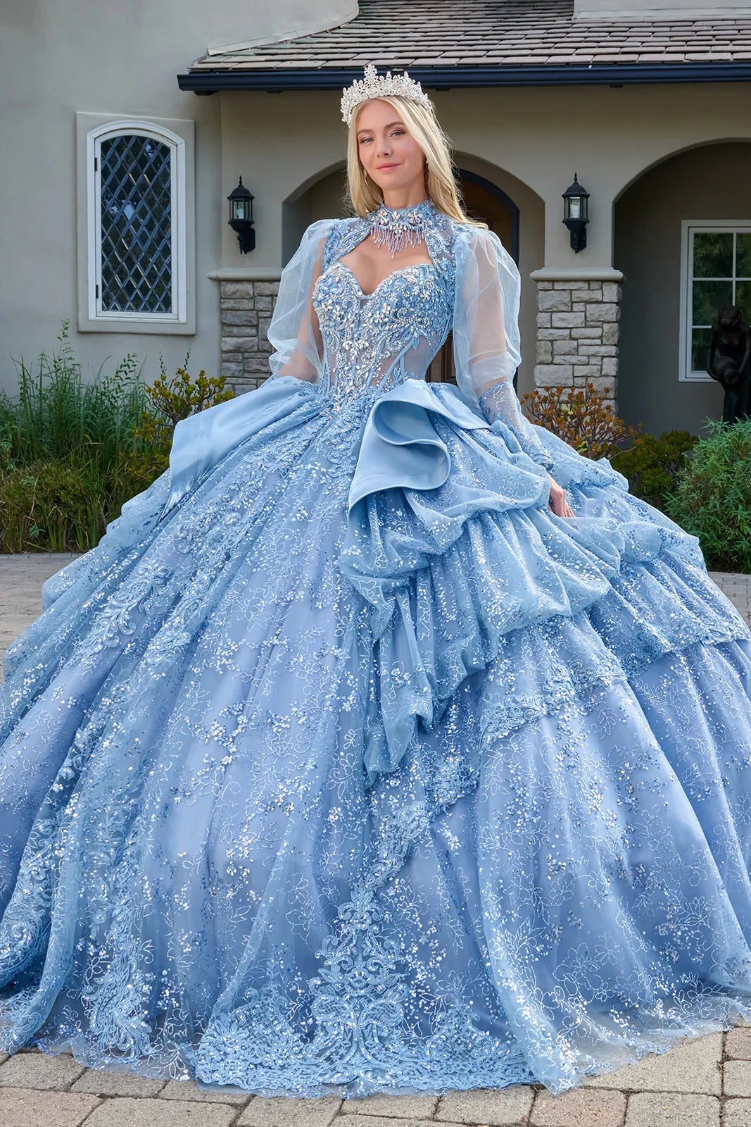 Strapless Bodice Satin Waist Ruffle Layered Bubble Hem Train Gown With Matching Long Sleeved Bolero (GL3806)