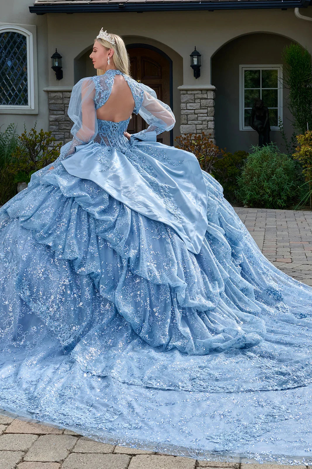 Strapless Bodice Satin Waist Ruffle Layered Bubble Hem Train Gown With Matching Long Sleeved Bolero (GL3806)