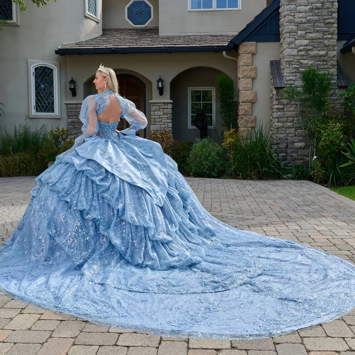 Strapless Bodice Satin Waist Ruffle Layered Bubble Hem Train Gown With Matching Long Sleeved Bolero (GL3806)