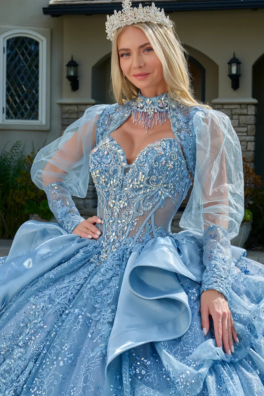 Strapless Bodice Satin Waist Ruffle Layered Bubble Hem Train Gown With Matching Long Sleeved Bolero (GL3806)