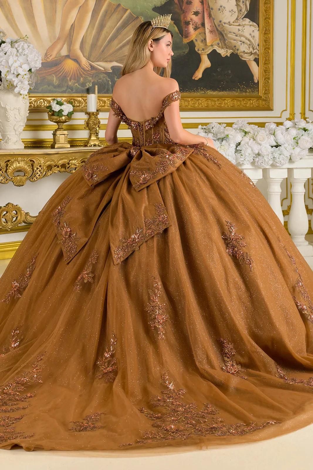 Embellished Fold Over Off-Shoulder Corset Bodice Train Ball Gown With Detachable Back Bow (GL3811)