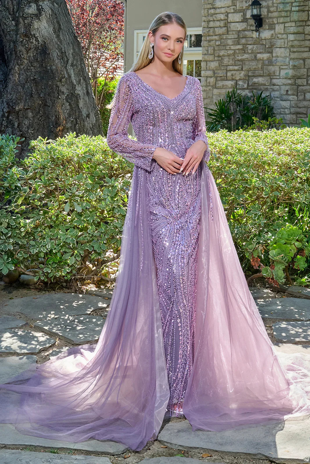 Embellished V-Neckline Long Sleeves Zipper V-Back A-Line Dress With Overskirt (GL3832)