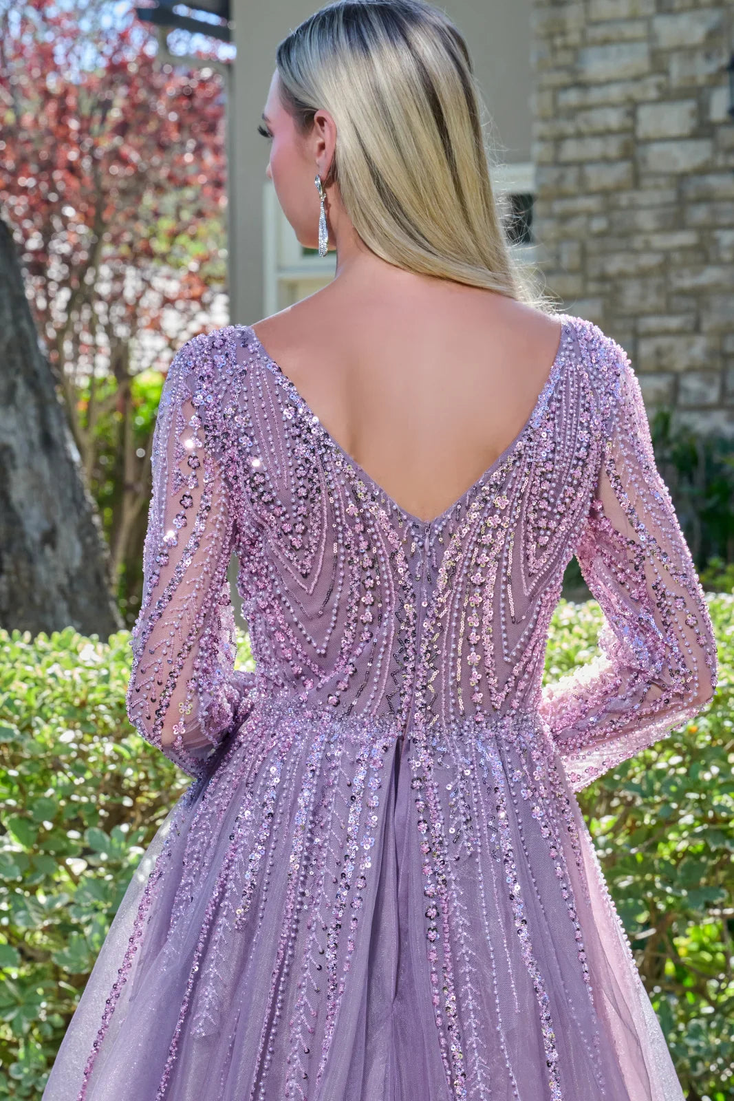 Embellished V-Neckline Long Sleeves Zipper V-Back A-Line Dress With Overskirt (GL3832)