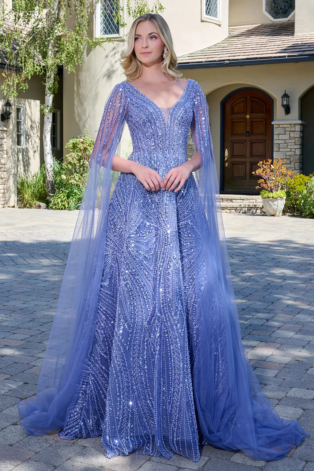 Embellished Cape Sleeves V-Neckline Zipper V-Back A-Line Dress (GL3833)
