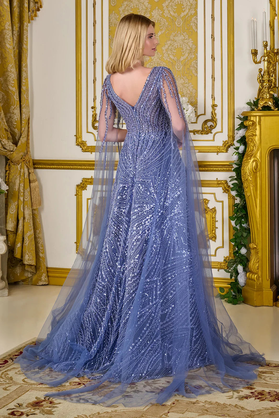 Embellished Cape Sleeves V-Neckline Zipper V-Back A-Line Dress (GL3833)