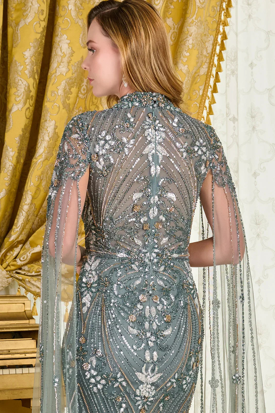 Embellished Mock Neck Cape Sleeves Zipper Fitted Dress (GL3836)