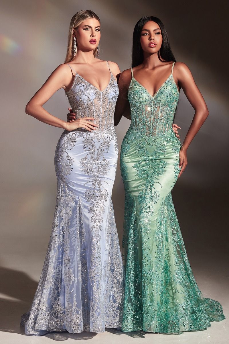 Metallic Embroidered Lace Corset with Sequin Mermaid Silhouette (J810)