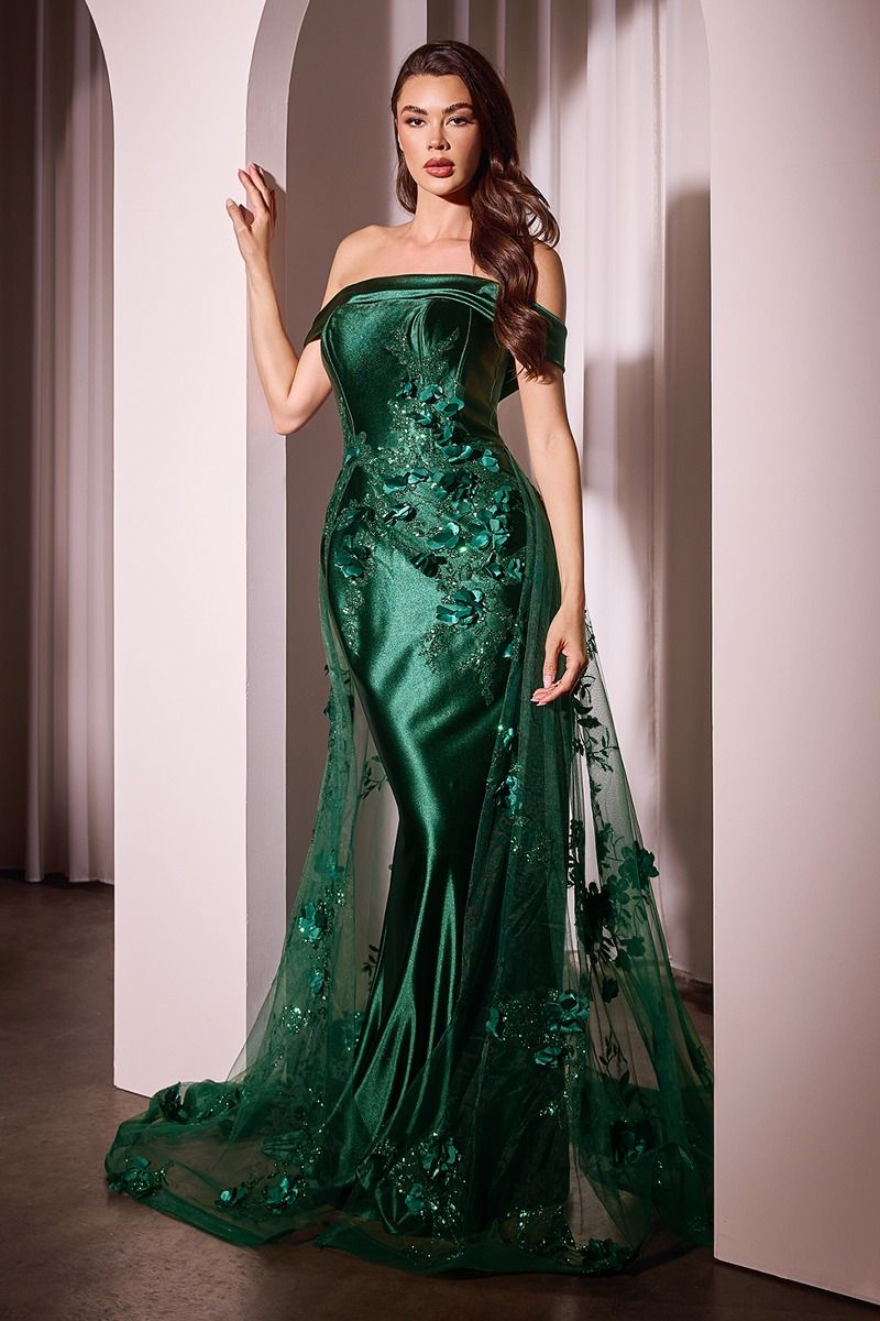 Embellished Satin Fitted Gown With Tulle Overskirt (J876)