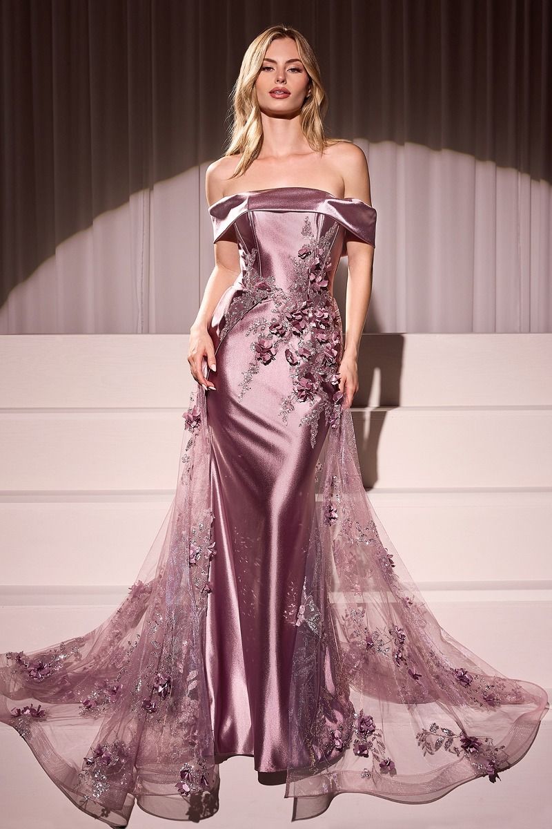 Embellished Satin Fitted Gown With Tulle Overskirt (J876)