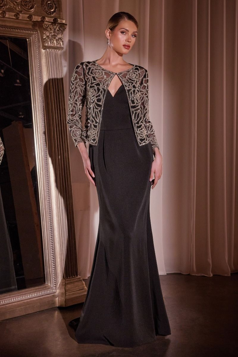 Elegant Crepe Fit and Flare Gown with Crystal Floral Jacket (J881)