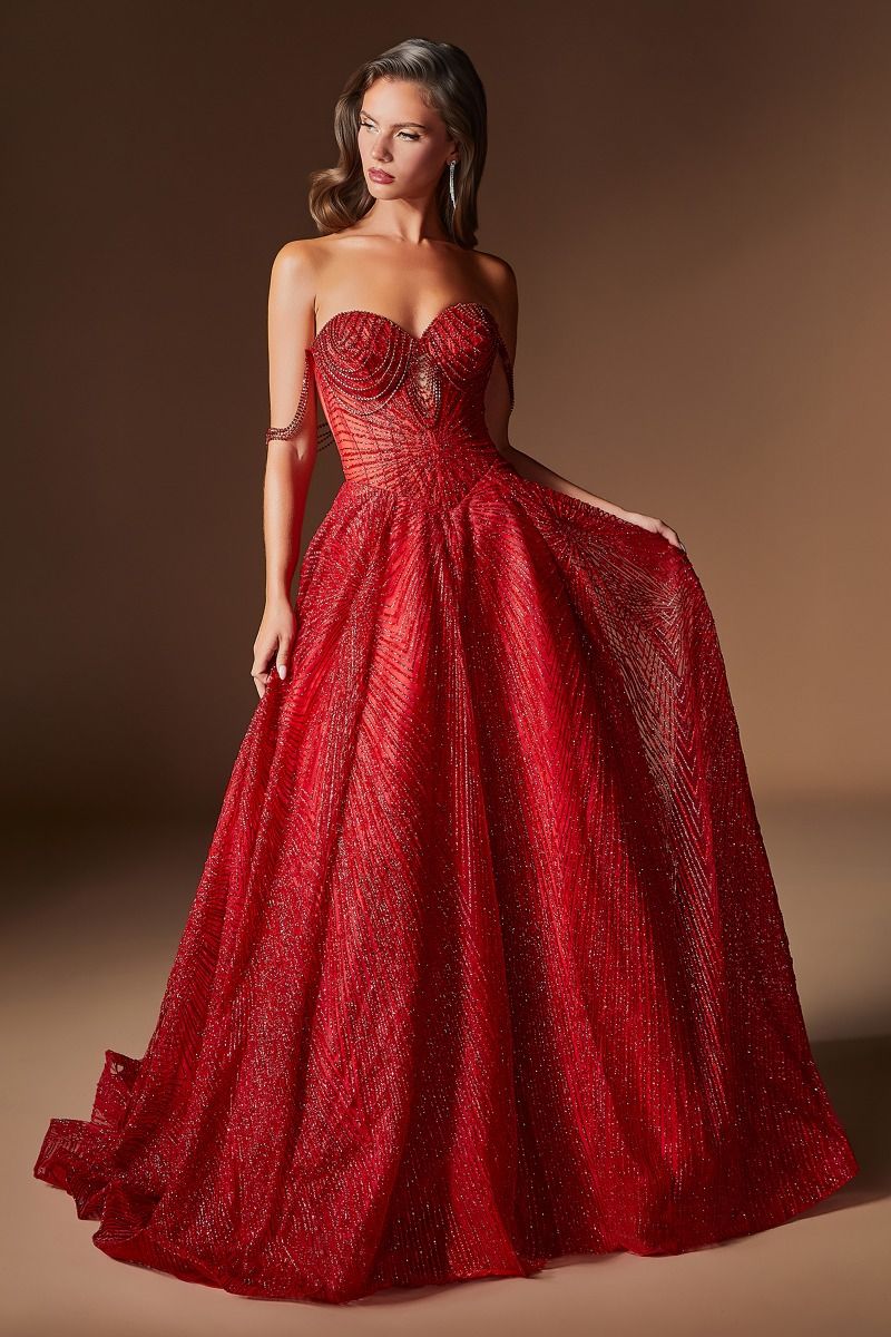 Starburst Beaded Sweetheart Ball Gown with Draped Chain Sleeves (J915)