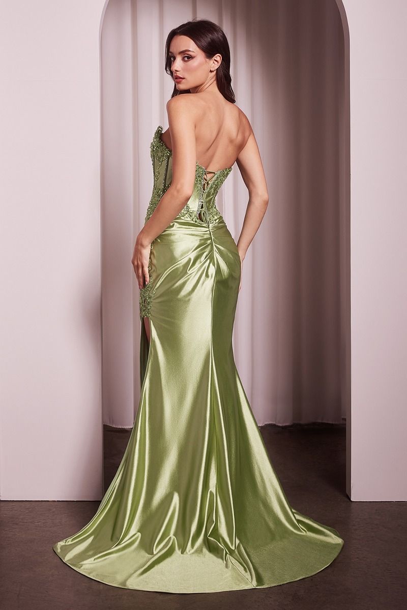Radiant Strapless Lace Corset with Fitted Satin Stretch Gown Slit (KV1116)