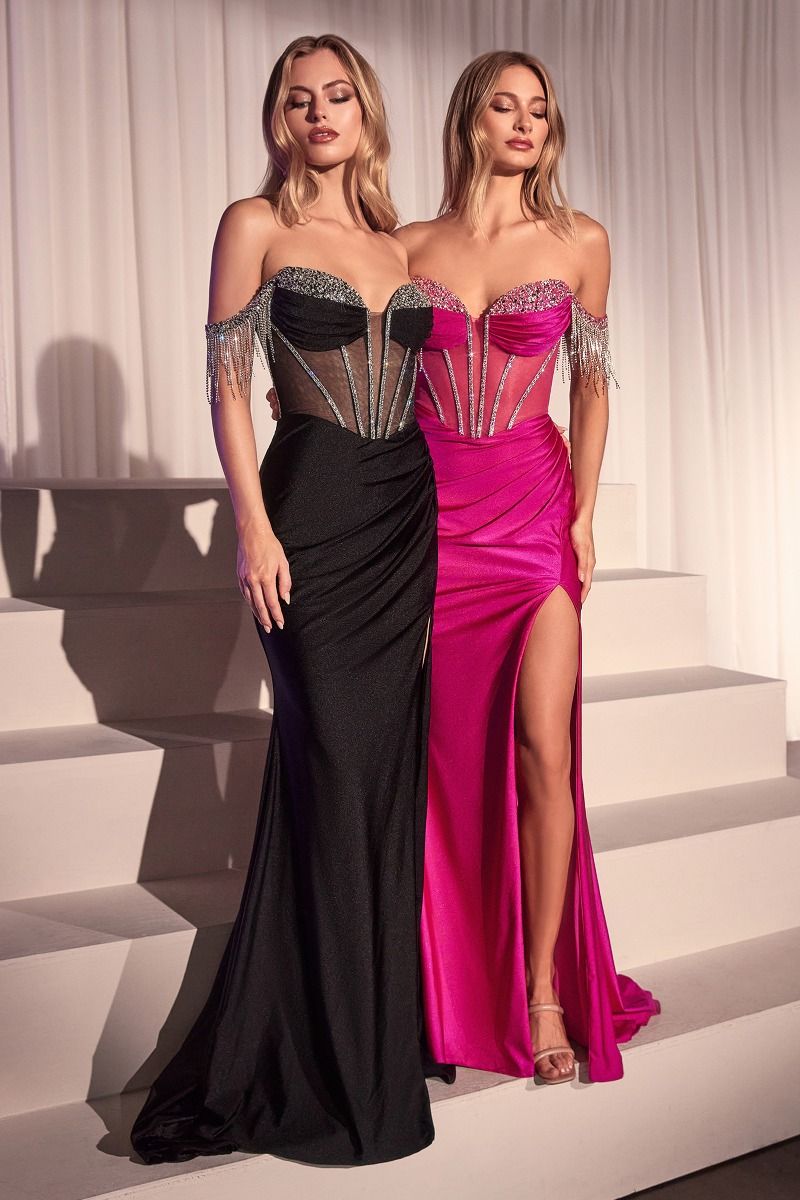 Dazzling Off the Shoulder Fringe Beaded Corset with Fitted Slit Gown (KV1123)