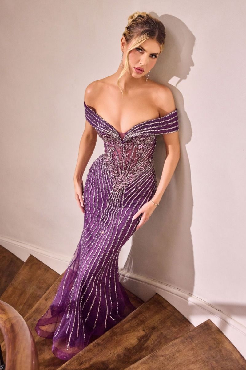 Off Shoulder Crystal Embellished Tulle Mermaid Gown (KV1130)