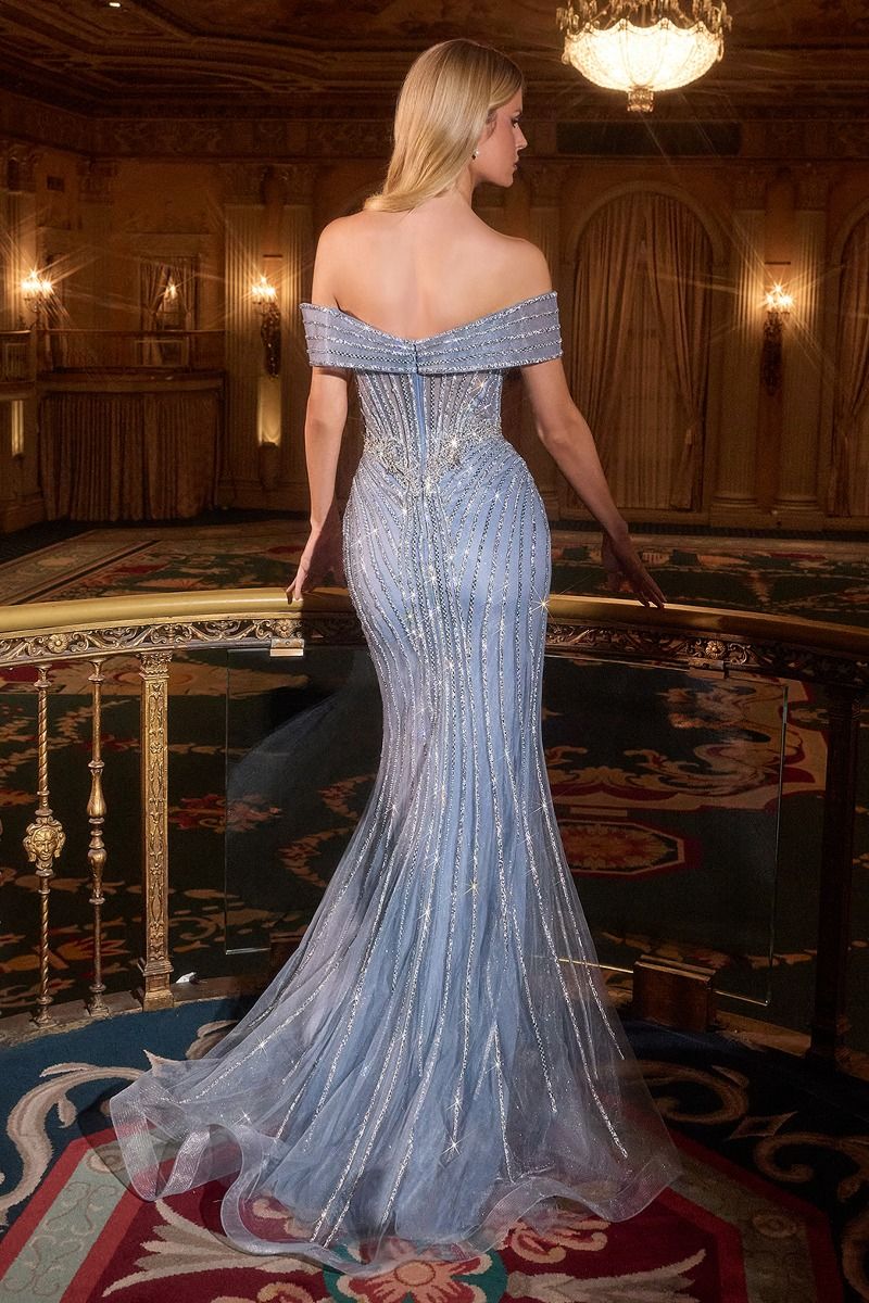 Off Shoulder Crystal Embellished Tulle Mermaid Gown (KV1130)