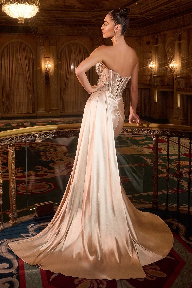 Strapless Long Beaded-Corset Prom Dress with Drape Champagne Gold / 10 Strapless Long Beaded-Corset Prom Dress with Drape Champagne Gold / 10