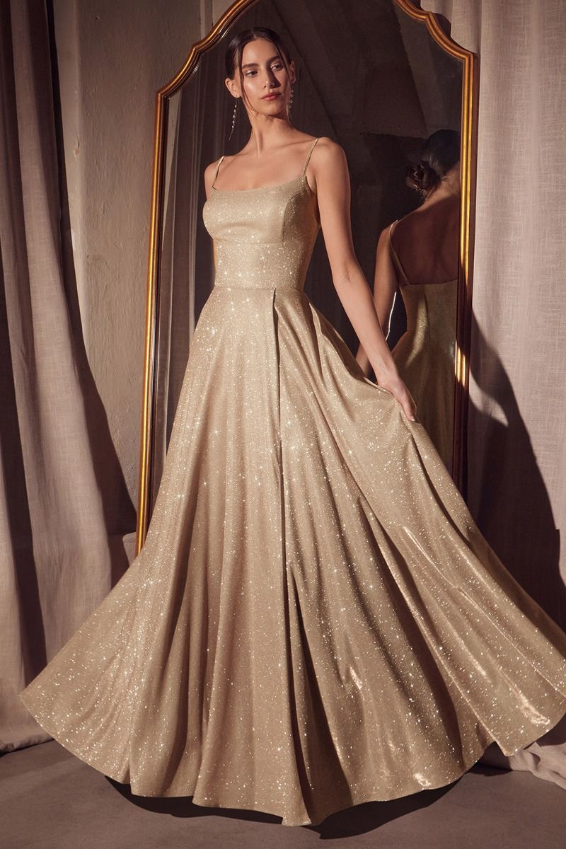 Iridescent Glitter A-Line Gown with Scoop Neckline and Pockets (T213)