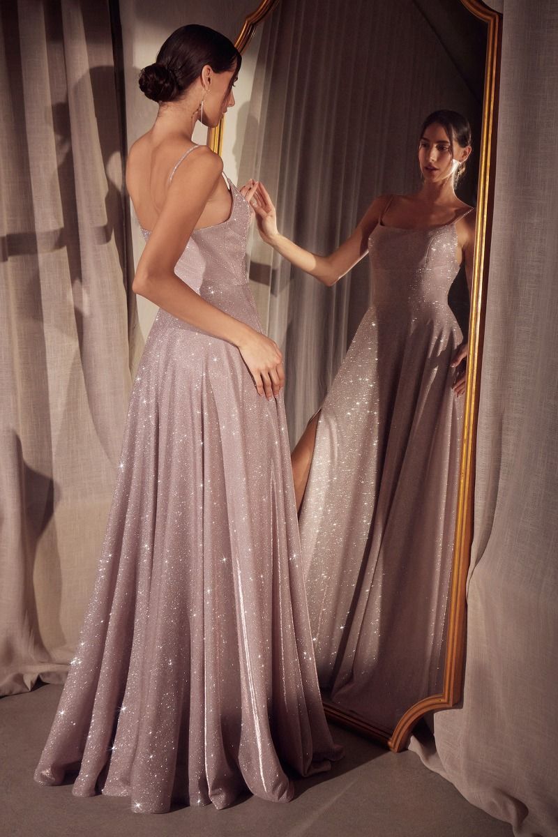 Iridescent Glitter A-Line Gown with Scoop Neckline and Pockets (T213)